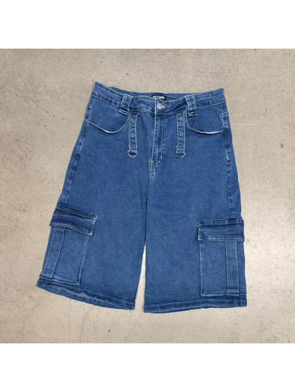 Hot Topic Denim Shorts Mens Medium Blue Cargo Suspenders Raver Grunge 13" Y2K